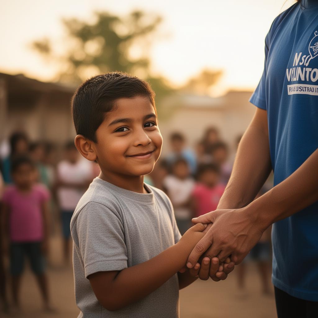 Voluntaria sonriendo y dando la mano a un niño en luz cálida
