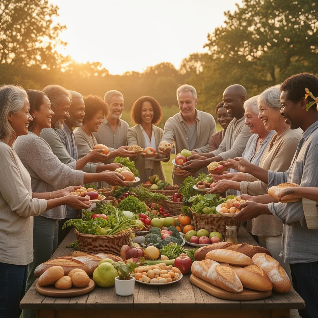 Comunidad diversa compartiendo alimentos al aire libre